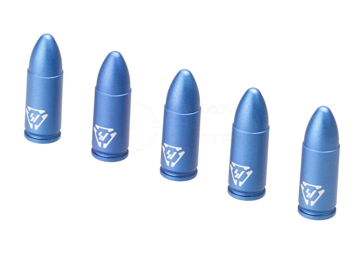 Dry Fire Trainingspatronen von Strike Industries im Kaliber 9mm aus Aluminium in blauer Farbe
