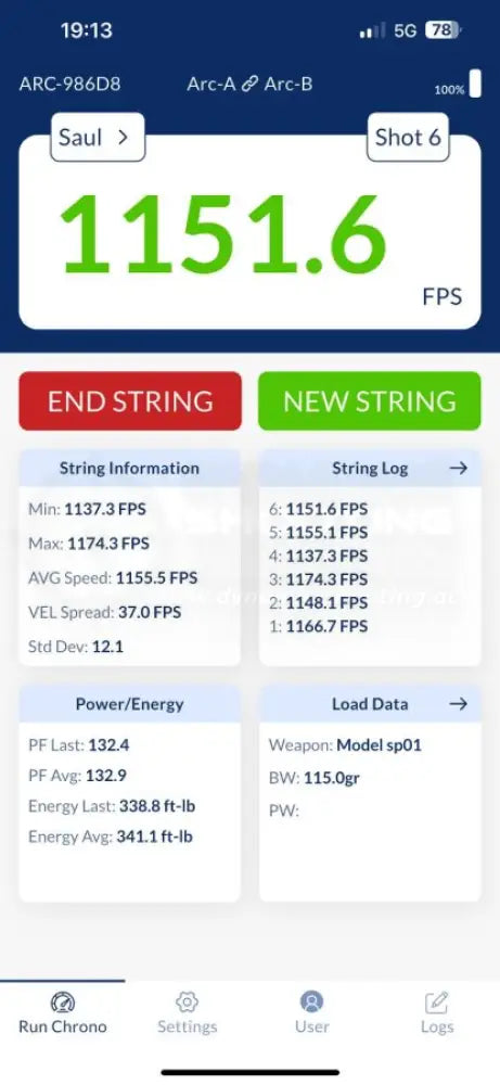 Chronograph zur Messung der Geschossgeschwindigkeit von Double Alpha App mit Resultaten