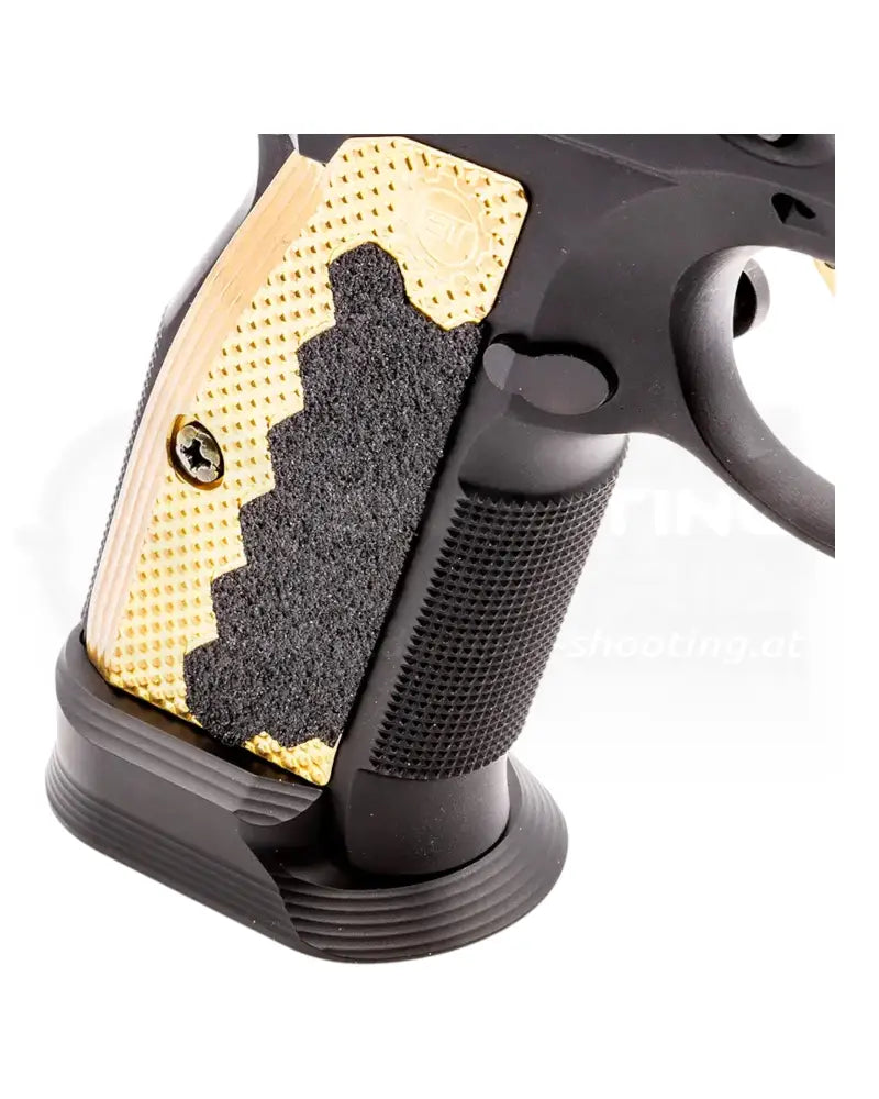 Aluminium Magazintrichter für die CZ Shadow 2 von Eemann Tech in Schwarz montiert auf einer Shadow 2 mit Messing Griffschalen