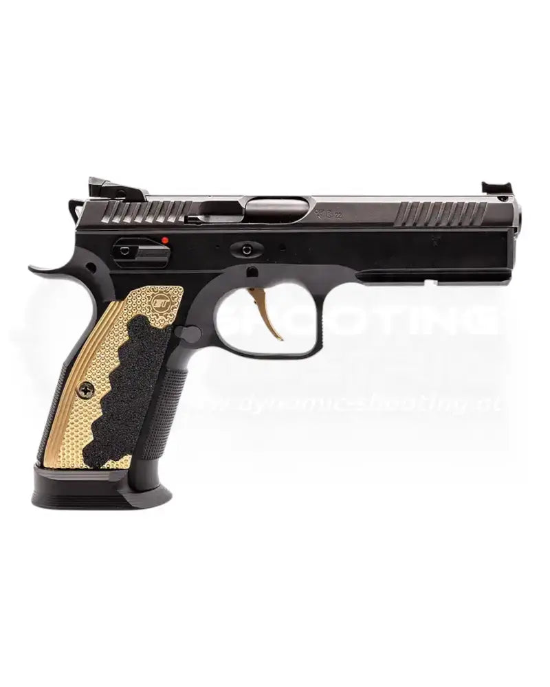 Aluminium Magazintrichter für die CZ Shadow 2 von Eemann Tech in Schwarz montiert auf einer Shadow 2 mit Messing Griffschalen