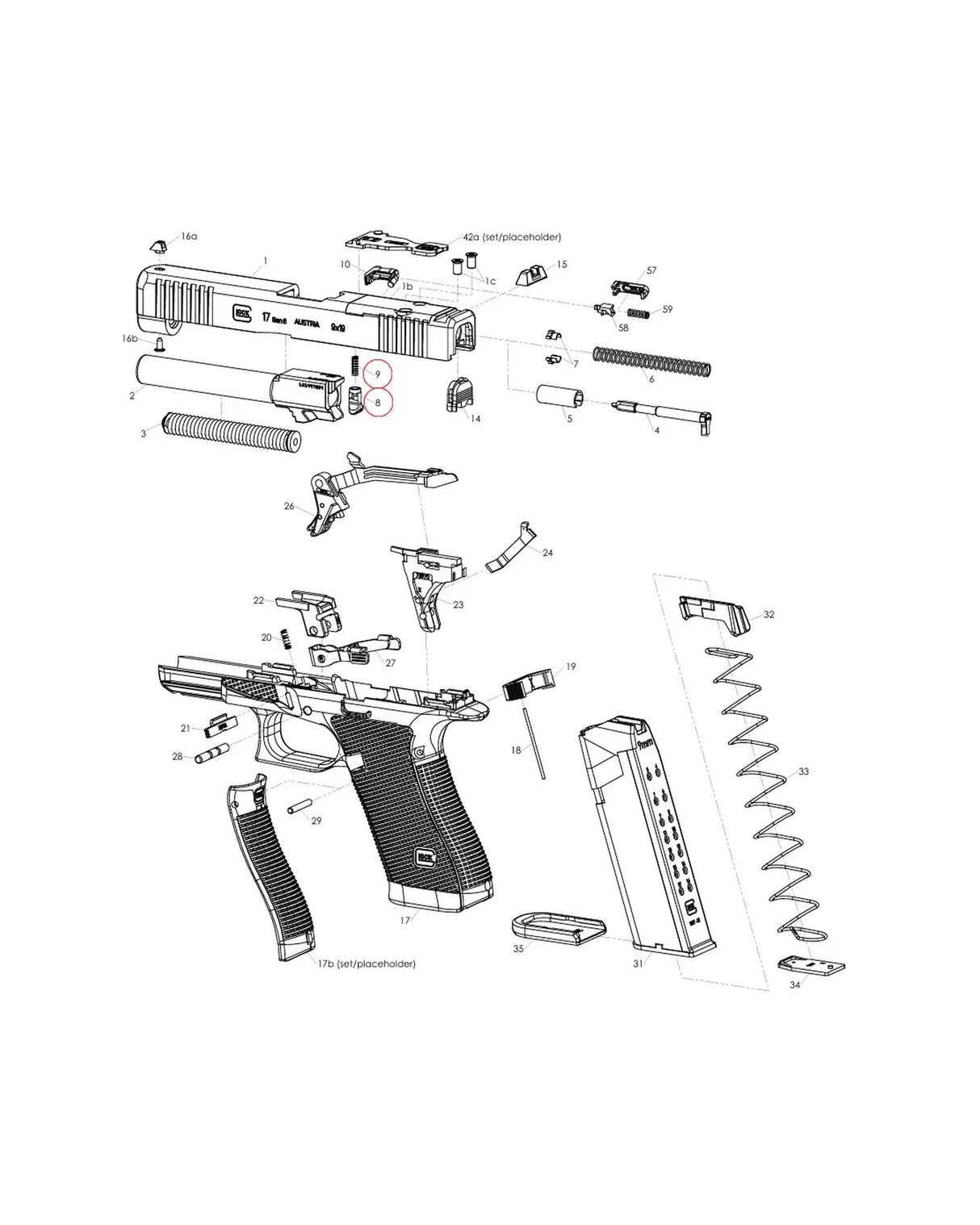 Glock Gen 6 Explosionszeichnung - Position 8+9 Schlagbolzensicherung