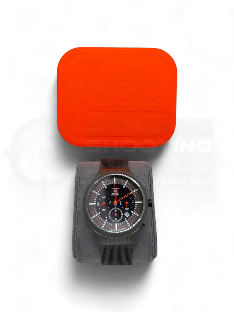 Original Glock Uhr Global mit orangem und schwarzem Mesh Band im orangen Glock Case