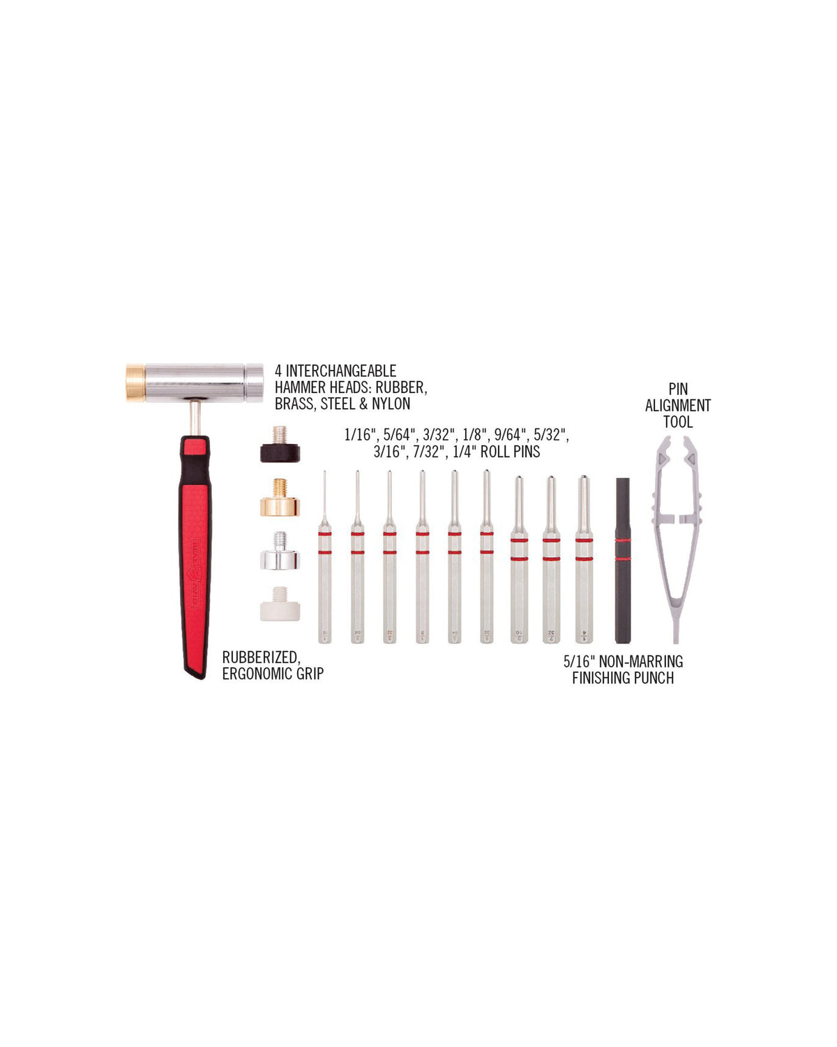 Real Avid Accu-Punch Hammer & Pin Set, Übersicht des Lieferumfangs
