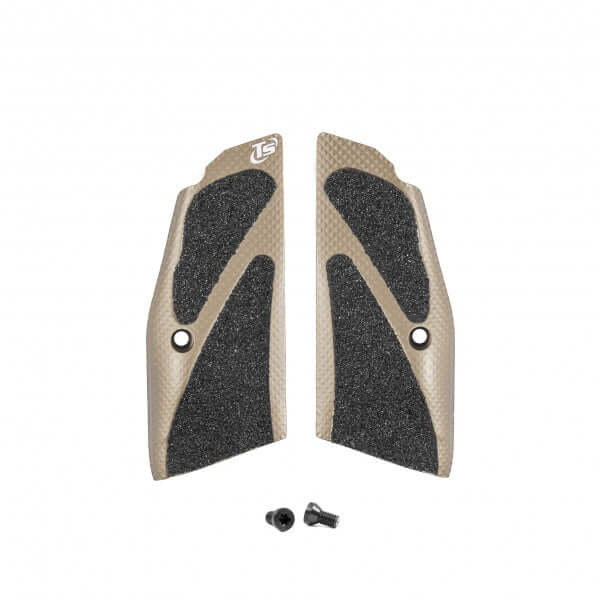 Ergonomische 3D Griffschalen von Toni System, passend für die CZ 75 SP-01, CZ Shadow 2, TS Orange sowie TS2. Ausführung Short - zur Verwendung mit Magazintrichte in Sand