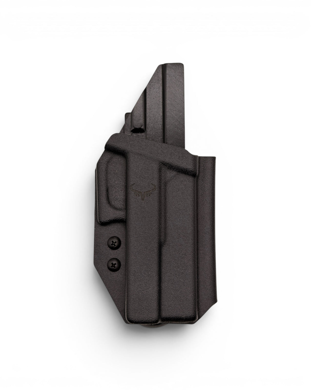 Custom Kydex Holster von Darkdeer Holster passend für Glock 17, Glock 19, Glock 34 und Glock 45 sowie 19X mit montiertem Frame Weight von Toni System - Frontansicht ohne Pistole