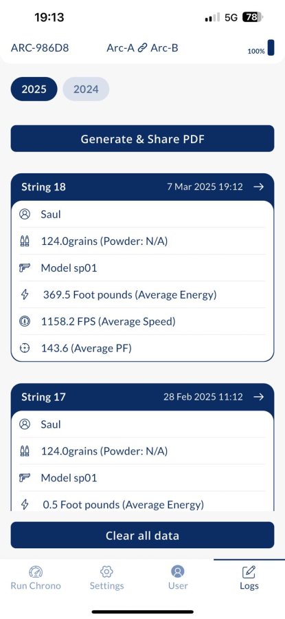 Chronograph zur Messung der Geschossgeschwindigkeit von Double Alpha App mit Resultaten 