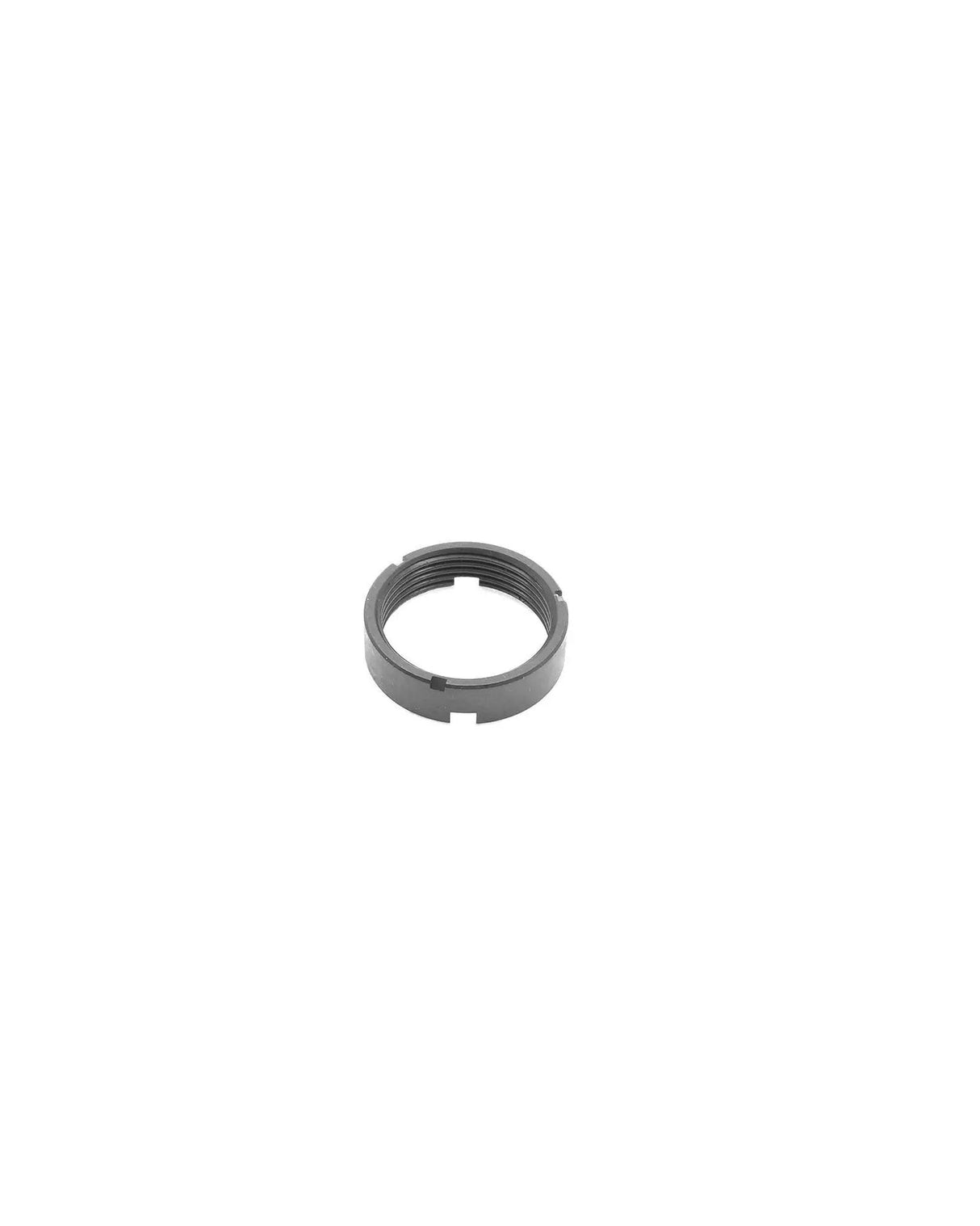 Eemann Tech AR-15 Locking Nut ET-180076 – Ansicht von schräg unten, Stahlmutter mit vier Castle Schlitzen und Mil-Spec Gewinde