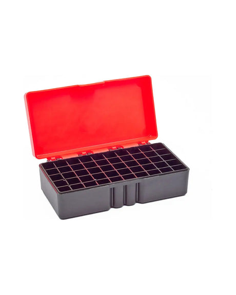 Eemann Tech Munitionsbox für 50 Patronen 9x19mm, geöffnet mit Einteilung für die Patronen, leer