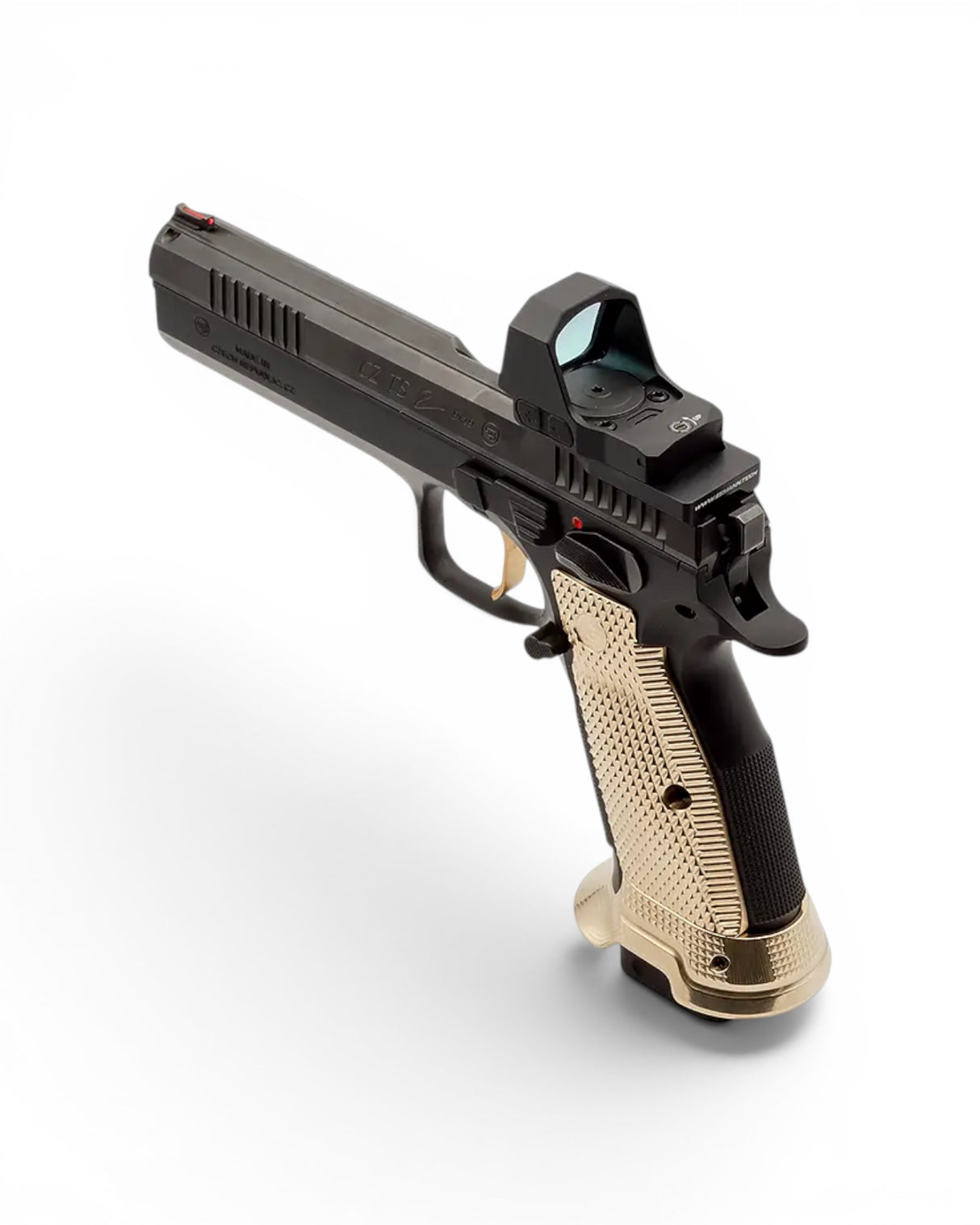 Eemann Tech Ultimate Magazintrichter aus Messing passend für die CZ Tactical Sport, CZ TS 2 inklusive Orange Varianten und für die CZ TS 3- Ansicht montiert auf einer CZ TS2 Seitenansicht