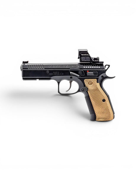 Shielded Verschlussfanghebel mit Daumenauflage mit Schild von Eemann Tech montiert auf einer CZ Shadow 2, Tactical Sport und CZ TS2