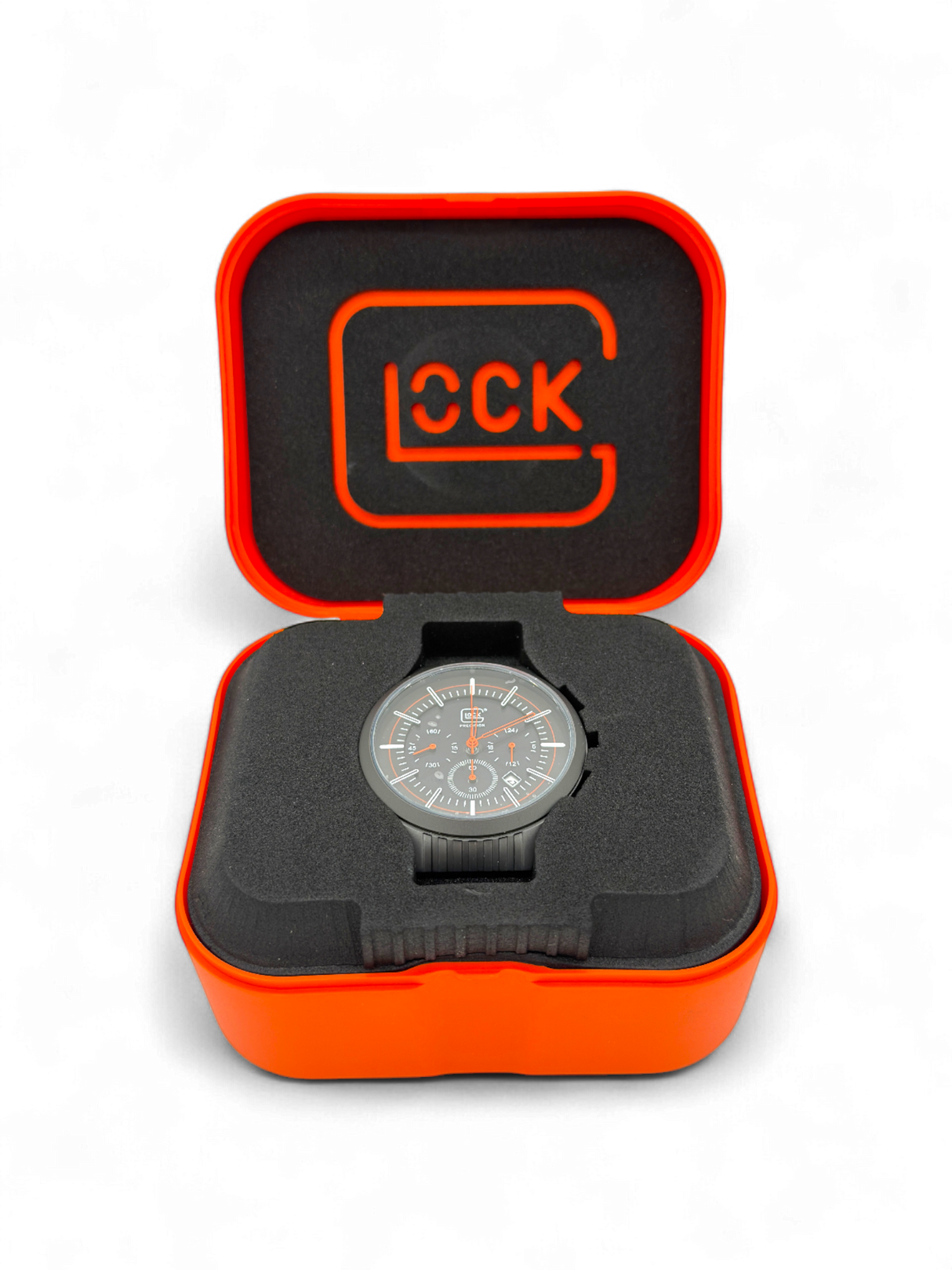 Original Glock Uhr Global mit orangem und schwarzem Mesh Band im orangen Glock Case
