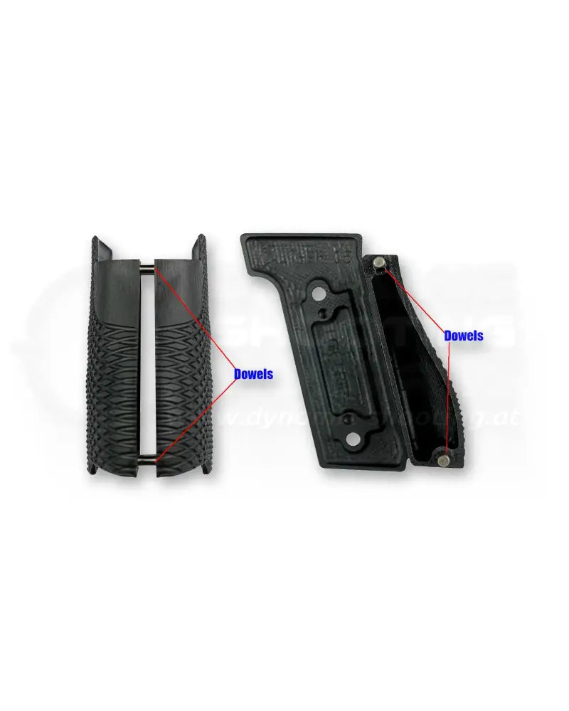 LOK Grips Griffschalen Detailansicht Rückseite und Seitenansicht mit Passstiften (Dowels) für sichere Montage an der Walther PDP Steel Frame