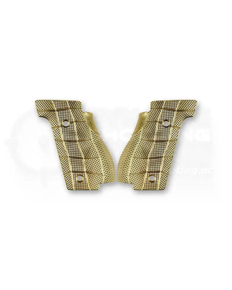 LOK Grips Messing GridLOK Griffschalen für Walther PDP Steel Frame in Raw Brass — Vorderansicht beider Griffschalen mit aggressivem GridLOK-Texturprofil