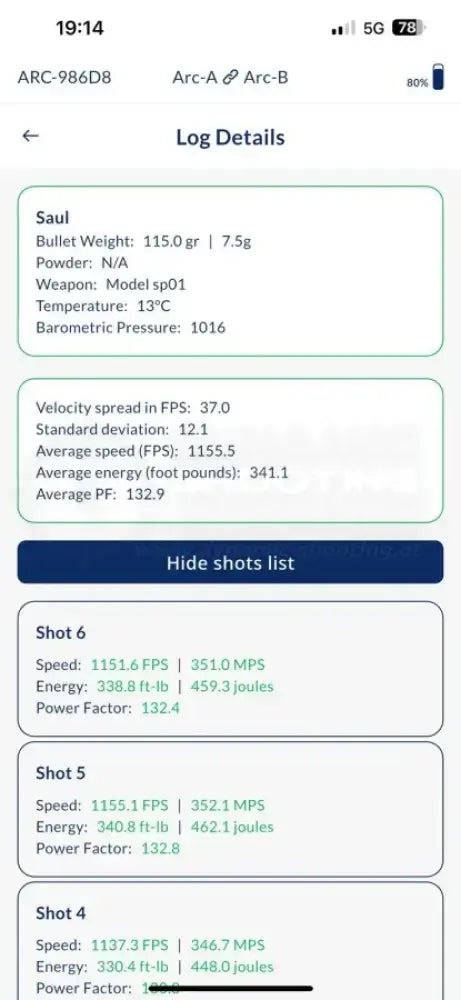 Chronograph zur Messung der Geschossgeschwindigkeit von Double Alpha App mit Resultaten 
