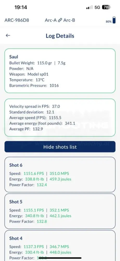 Chronograph zur Messung der Geschossgeschwindigkeit von Double Alpha App mit Resultaten 