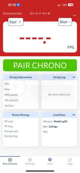 Chronograph zur Messung der Geschossgeschwindigkeit von Double Alpha App mit Resultaten 