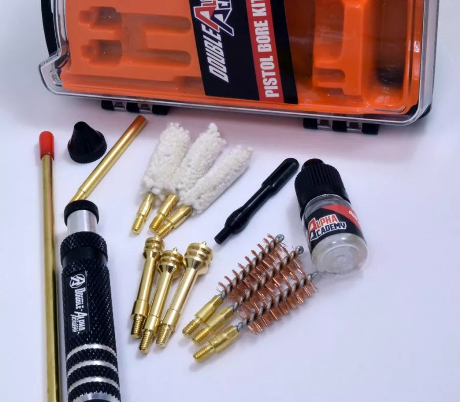 Double-Alpha Academy Pistol Bore Kit, Inhalt mit Laufbürsten, Wischern und Putzstock