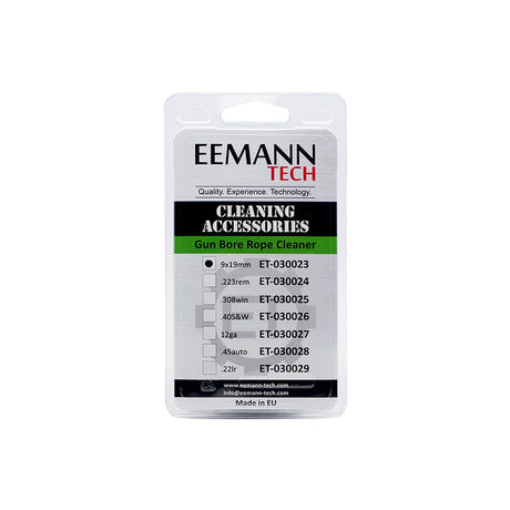 Eemann Tech Laufreinigungsschnur Bore Rope Cleaner, Verpackungsrückseite mit Kaliberübersicht