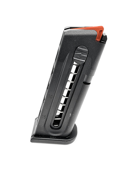 Glock 44 Magazin 15 Schuss .22 LR – Schrägansicht mit integrierter Ladehilfe und orangem Zubringer