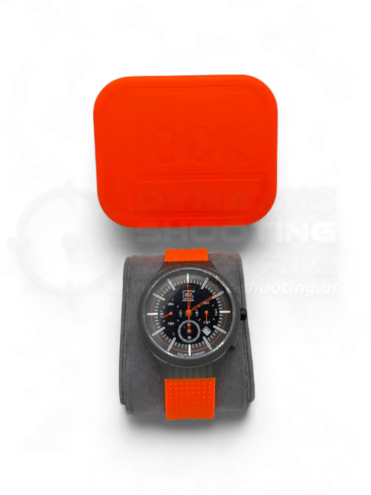 Original Glock Uhr Global mit orangem und schwarzem Mesh Band im orangen Glock Case