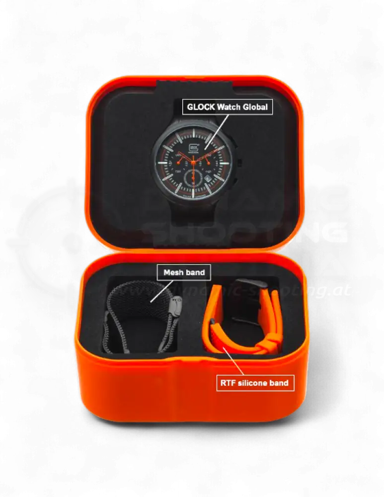 Original Glock Uhr Global mit orangem und schwarzem Mesh Band im orangen Glock Case