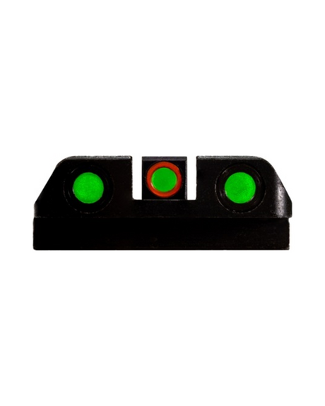 HIVIZ LiteWave H3 Glock Visier, Ansicht von hinten mit grüner Kimme und grünem Korn mit orangem Ring