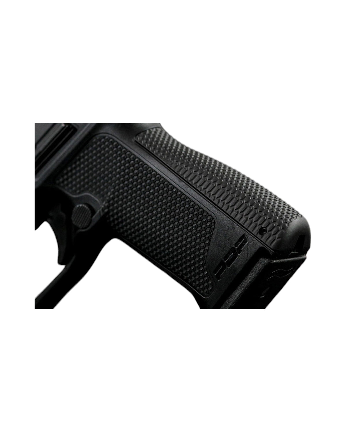 LOK Grips Messing Backstrap in Black Cerakote an einer Walther PDP F-Series montiert, Detailansicht der Wabenstruktur
