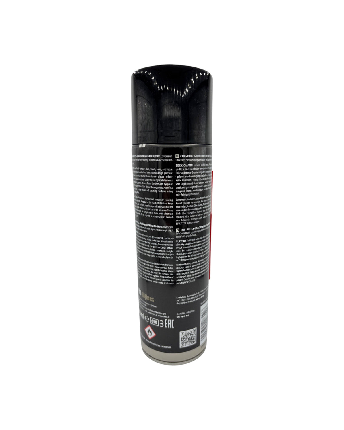 Riflecx CX80 Druckluftspray 500 ml, Rückseite mit Anwendungshinweisen