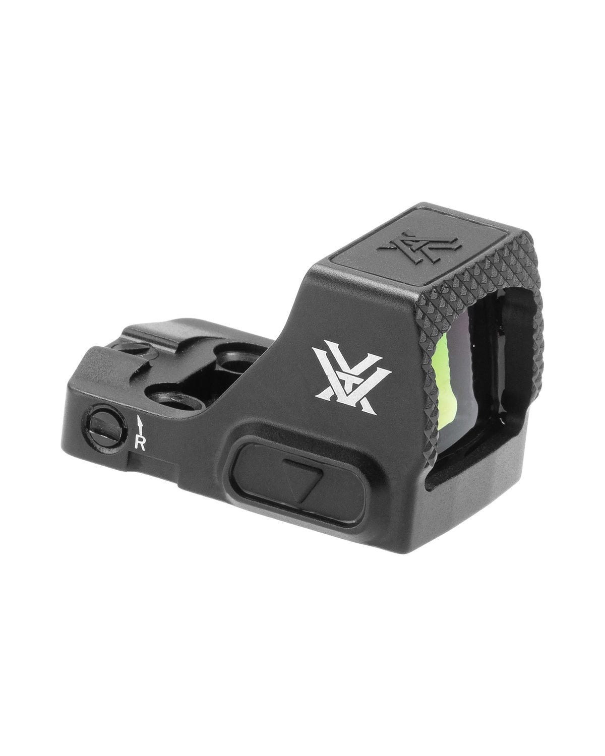 Vortex Defender CCW 6 MOA Rotpunktvisier – Ansicht schräg mit Fast-Rack-Textur und Bedientaste